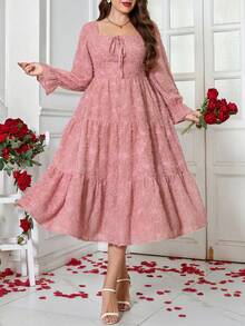 SHEIN Clasi Đầm dài tay thanh lịch, thắt eo bằng vải jacquard dành cho nữ cỡ lớn, thích hợp cho các buổi hẹn hò và tiệc tùng. - Hồng - Xem 2