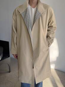 DAZY Khaki Plaid Lining Long Men's Trench Coat, Spring - Khaki - View 5