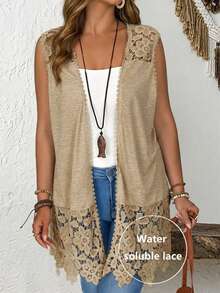 Rusticease Plus Size Women Contrast Lace Open Front Sleeveless Fashion Jacket Summer Summer Spring Spring Women Spring Country Style For Women Country Style For Women Brown Vest-Style Lace Patchwork Coat Boho Cardigan Boho Vest Boho - Apricot - View 3