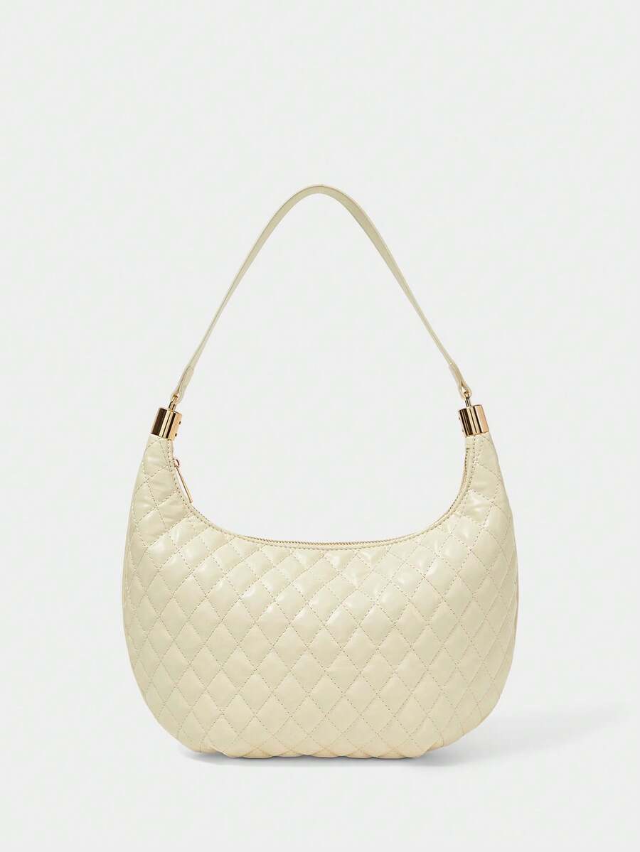 SHECARRY Women's Simple Daily Quilted Crescent Bag Shoulder Bag - Beige - View 1