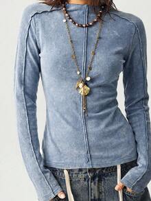 Bohemela Áo thun dài tay nữ màu trơn, chất liệu dệt kim, kiểu dáng thường ngày, đã qua xử lý giặt. - Màu xanh lam - Xem 6