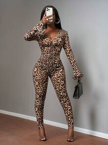 Slaydiva 新款春夏音乐节情人节休闲简约基础款Y2K街头甜美网络爆款畅销日常约会辣妹风性感透视深V领长袖长裤侧褶豹纹紧身连体裤 - 彩色 - 查看 5