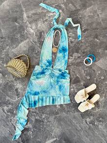 INAWLY Women's Tie-Dye Print Ruffle Hem Halter Neck Sleeveless Dress - Baby Blue - View 4