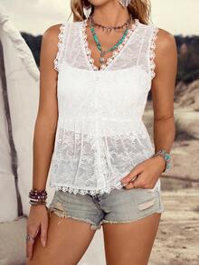 LanaWest Women's Casual Lace Patchwork Sleeveless Top With Ruched Waist, Sheer, Spring/Summer - White - View 5