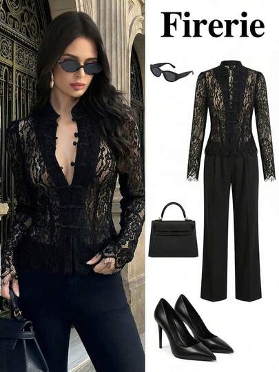 Firerie Women's White Lace Black Button Waist Long Sleeve Blouse, Retro Palace Style Top, New Chinese Style Shirt, White Lace Long Sleeve Blouse, Semi-Sheer Lace Top, Spring Summer Autumn Clothing, Elegant, Commute, Date, Party, Wedding Season, Graduation, Prom, Performance, Concert, Work Attire, Back To School, Annual Meeting, Women's Birthday Outfit
