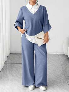 Elenzga Bộ đồ thể thao 2 trong 1 dành cho nữ cỡ lớn, tay áo bo gấu, kiểu dáng thường ngày gồm áo và quần ống rộng. - Nhiều màu - Xem 6