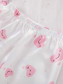 Set de 2 piezas de pijama casual de niña joven con cárdigan de manga corta y pantalones con estampado de corazón y cinta de satén color rosa claro - Blanco - Ver 4