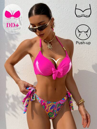Swim DD+ Women's Sexy Push-Up Underwire Bikini Top With Bunny Ear Knot Decor & Bow-Tie Swim Bottoms, Spring/Summer