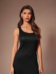 Lazeform Damen Lässig Bodycon Kleid mit kontrastierendem Seitenstreifen, Loungewear ärmelloses Maxikleid mit Schlitz an der Seite, Damenkleid schwarz - Schwarz - Übersicht 6