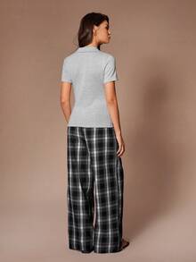 SHEIN 2pcs Thin T-Shirt Top & Plaid Pants Casual Loungewear Set, Slim Fit & Relaxed - Light Grey - View 2