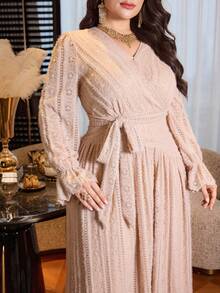 Modelyn 大码纯色蕾丝长袖优雅休闲连衣裙 - 杏色 - 查看 6