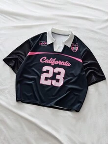 AXEPEAK Camisa polo casual de manga corta con estampado de letras para hombre, holgada - Negro - Ver 5