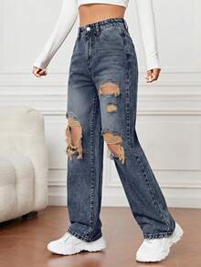SHEIN PETITE Quần jean denim dáng suông rộng rãi, phong cách vintage rách rưới. - Màu xanh lam - Xem 3