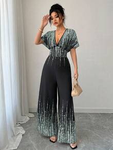 SHEIN Tall CURVE Bộ jumpsuit nữ cỡ lớn in họa tiết bóng bẩy, cổ chữ V sâu, tay cánh dơi, ống rộng - màu xanh lá - Xem 3