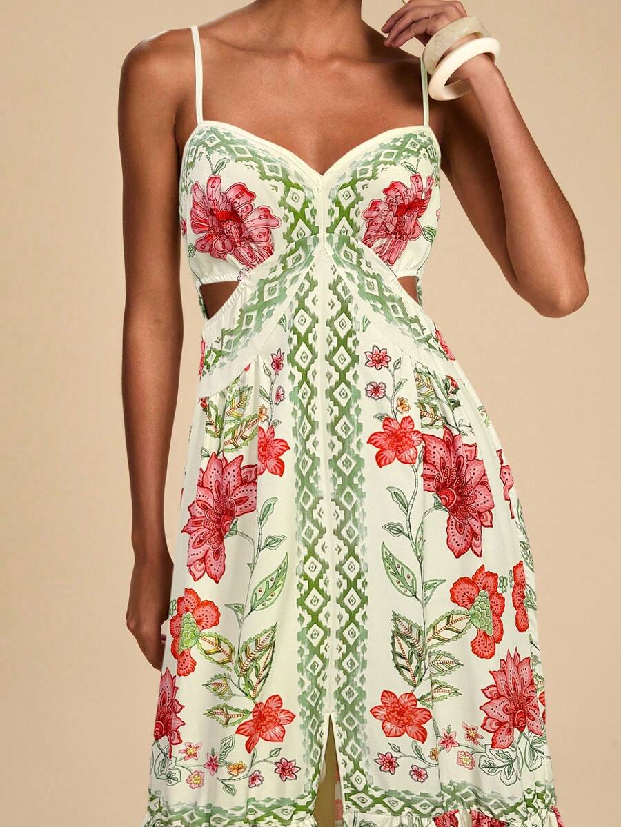 Travachic Đầm hở lưng in hoa dành cho nữ, thích hợp cho kỳ nghỉ. - Đỏ - Xem 1