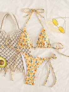 SHEIN Swim Mod 2pcs/Set Random Print Halter Sexy Elegant Vacation Bikini Set, Suitable For Beach, Pool, Party, Christmas, Summer - Multicolor - View 5