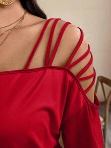 Breezaya Áo thun tay ngắn cỡ lớn, dây đeo bất đối xứng, in hình chân dung - Đỏ - Xem 7