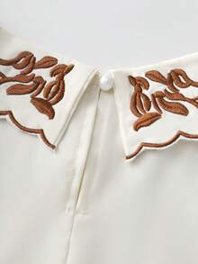 GlowEve ملابس علوية نسائية بأكمام قصيرة مطرزة على الياقة، أنيقة للارتداء اليومي والعمل والعطلات، لون المشمش، أكمام قصيرة مناسبة للربيع المبكر والخريف - لون مشمشي - مشاهدة 6