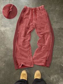 Manfinity EMRG Quần jogger nam phong cách đường phố trẻ trung, tối giản, chất liệu cotton, dáng rộng, ống quần bo chun, cạp chun, vải cotton giặt mài với hiệu ứng bông tuyết bạc màu, thiết kế đường may lộ ra ngoài, phong cách đường phố thường ngày phù hợp cho mặc hàng ngày, thư giãn, phối đồ thời trang, phong cách đường phố thường nhật, quà tặng ngày lễ. - Đỏ - Xem 1