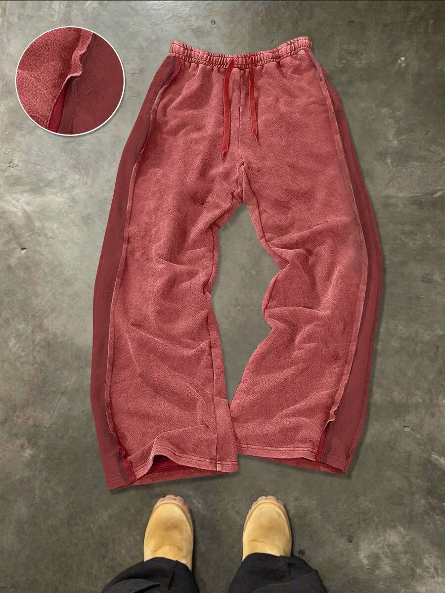 Manfinity EMRG Quần jogger nam phong cách đường phố trẻ trung, tối giản, chất liệu cotton, dáng rộng, ống quần bo chun, cạp chun, vải cotton giặt mài với hiệu ứng bông tuyết bạc màu, thiết kế đường may lộ ra ngoài, phong cách đường phố thường ngày phù hợp cho mặc hàng ngày, thư giãn, phối đồ thời trang, phong cách đường phố thường nhật, quà tặng ngày lễ. - Đỏ - Xem 1