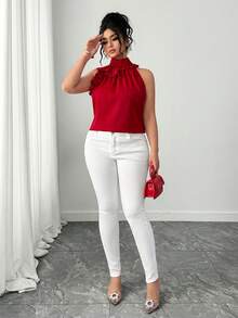Elenzga Red Plain Cold Shoulder Sleeveless Plus Size Top With Ruffle Stand Collar Elegant Blouse - Red - View 7