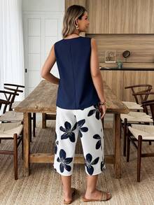 Louniche 女士V领不对称下摆衬衫和印花短裤两件套，度假休闲，春夏 - 藍色 - 查看 2