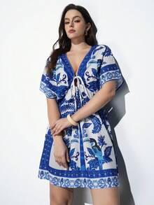 Maija 大码女式度假棕榈树印花前系带蝙蝠袖性感休闲连衣裙，适合都市通勤、商务、休闲、夏季、情人节等场合。 - 藍色 - 查看 5
