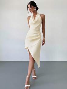 Firerie 女士优雅露背系带连衣裙，适合约会之夜、独特度假、婚礼季节，米色，女士夏季连衣裙 - 杏色 - 查看 3