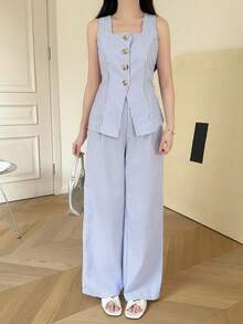 SHEIN 少女蓝白条纹休闲度假单排扣背心和裤子套装 - 藍白色 - 查看 3