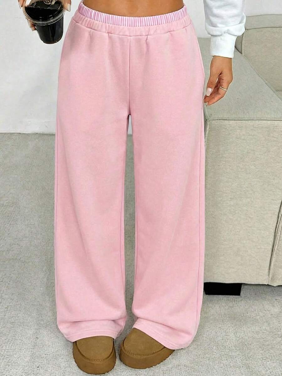 SHEIN 少女宽松休闲撞色饰边阔腿裤，舒适 - 粉色 - 查看 1