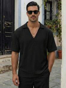 HIMLAND 男士纯色罗纹休闲百搭通勤短袖 Polo 衫 - 黑色 - 查看 2