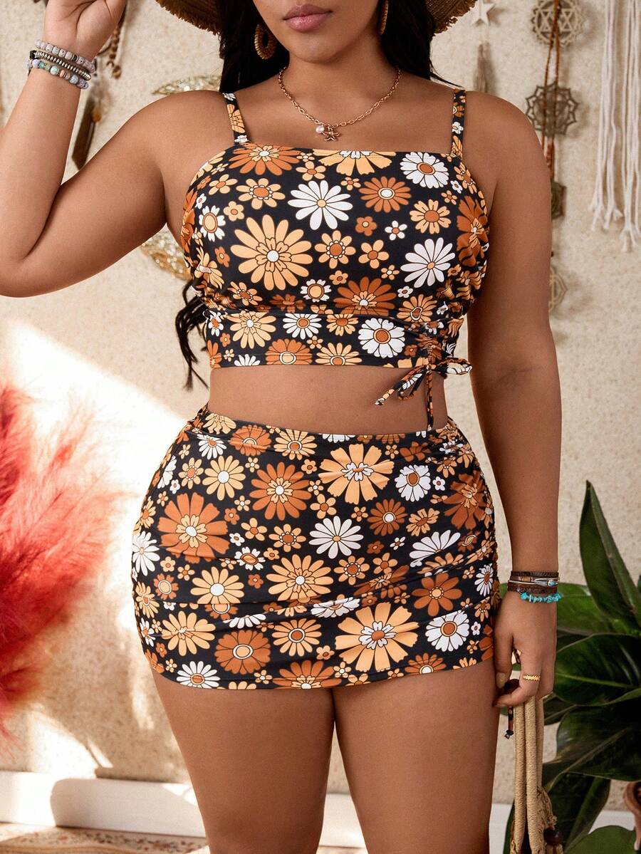 Swim Vcay Plus Size Tankini Swimwear With Printed Pattern, European & American Style Resort Collection - Multicolor - View 1
