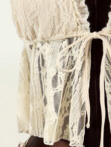 Elamini 女士蕾丝拼接露背扭结露脐短款上衣和侧系带三角比基尼两件套泳衣