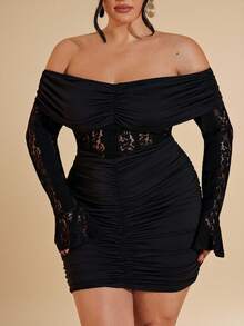SHEIN BAE Elegant Plus Size Black Off The Shoulder Long Sleeve Mini Bodycon Dress With Ruched And Hollow Out Details Perfect For Night Out - Black - View 1