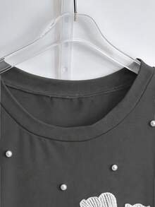 SHEIN Tall CURVE 大码女式夏季水钻装饰圆领T恤 - 灰色 - 查看 3