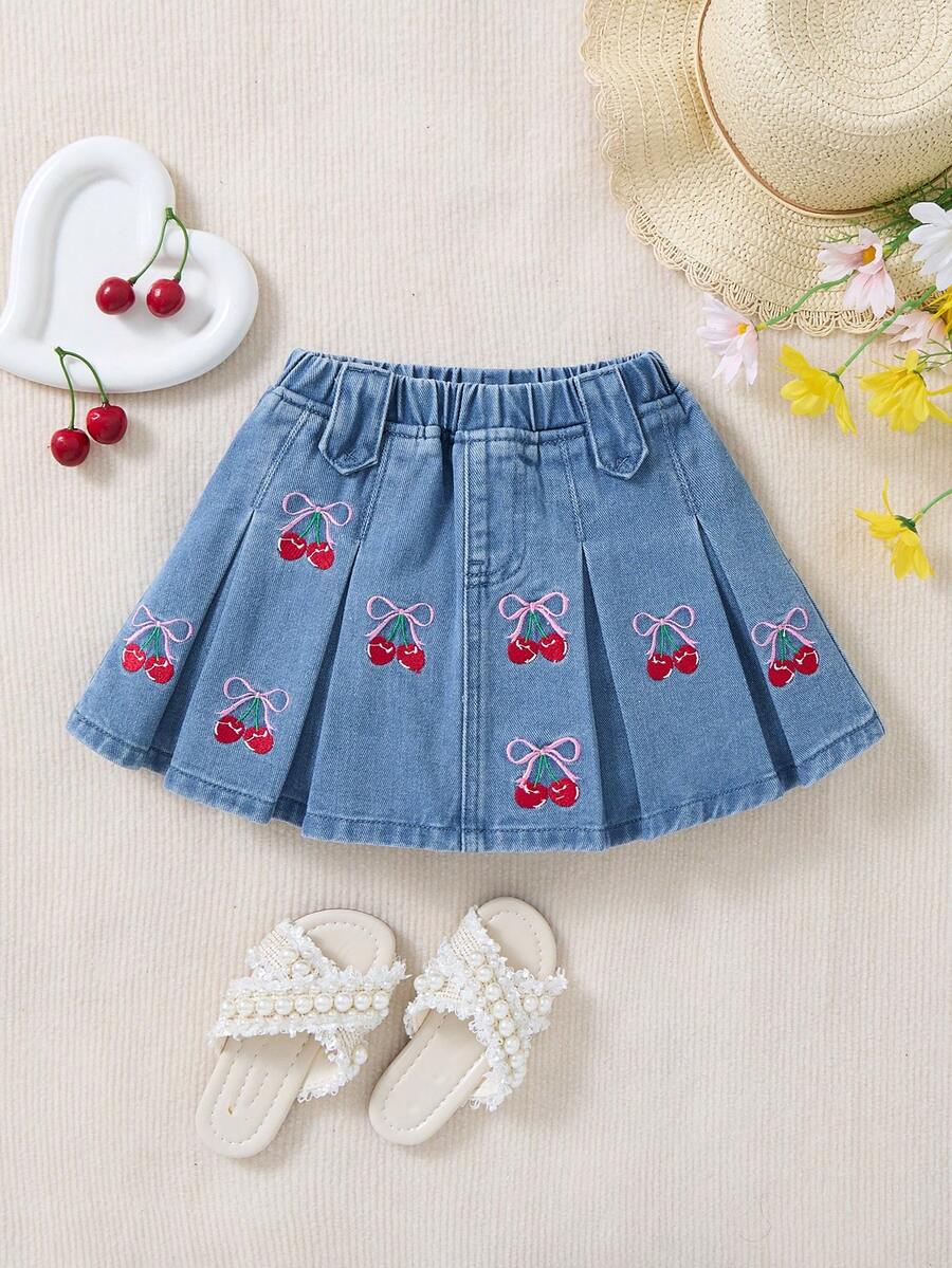 SHEIN Young Girl Fold Pleated Denim Skirt,Spring Summer Boho Cuet Skirt - Light Wash - View 1