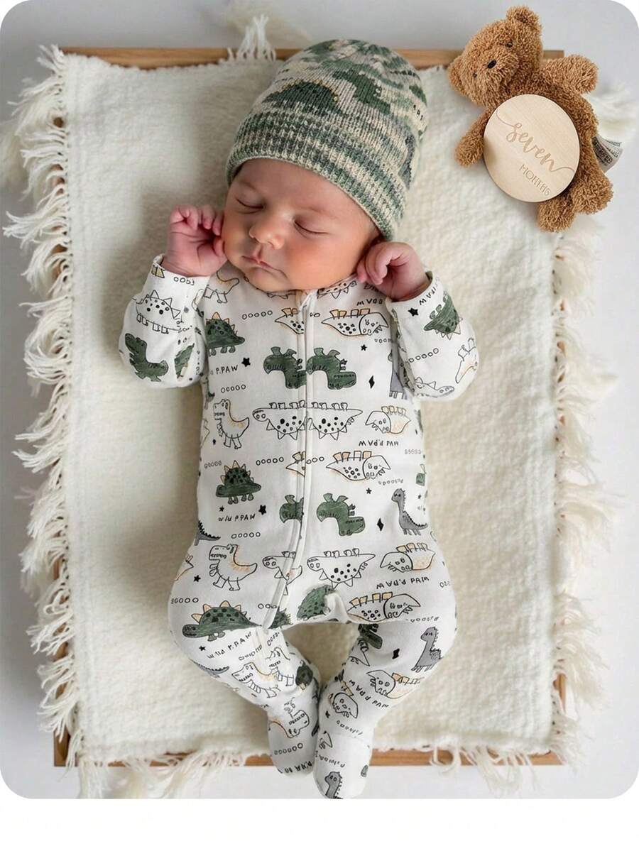 新生男宝宝可爱休闲针织卡通图案长袖连体睡衣 - 彩色 - 查看 1