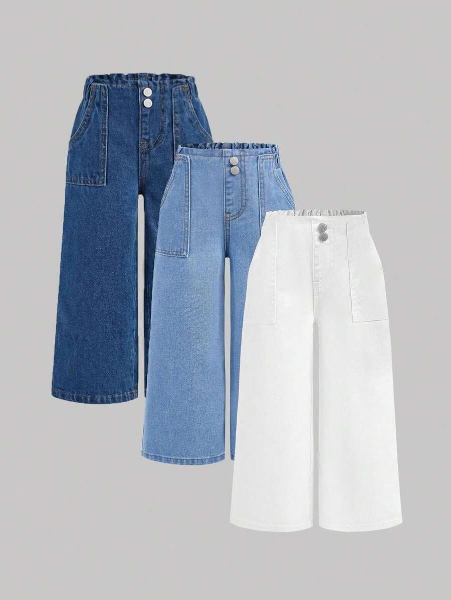 SHEIN 3pcs/Set Girls' Loose Fit Dark Blue, Medium Blue, Light Blue Denim Pants - Multicolor - View 1