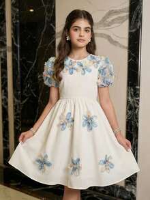 Đầm công chúa cổ tròn tay ngắn, thanh lịch, dễ thương, thoải mái cho bé gái, thích hợp mặc hàng ngày, mùa xuân/hè - trắng - Xem 7