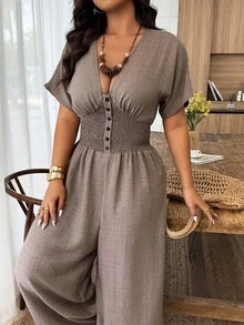 Weeklong Bộ áo liền quần nữ cỡ lớn tay cánh dơi nhún bèo với cúc bấm ở eo, kiểu dáng thường ngày. - màu nâu - Xem 3