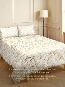 HARRY POTTER X SHEIN 3Pc Bronzing Pattern Quilt Cover Set, White Quilt Cover, Comfortable And Soft, Warm And Machine Washable, Suitable For Single Bed/Double Bed/Queen Bed/King Bed, Dormitory/Home