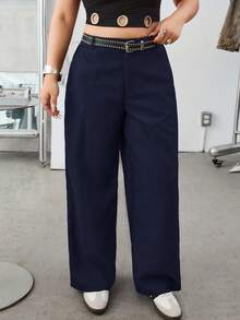 SHEIN EZwear 大码纯色斜插口袋休闲基础款藏蓝色西装裤，秋冬高腰裤藏蓝色女裤 - 藏蓝色 - 查看 3