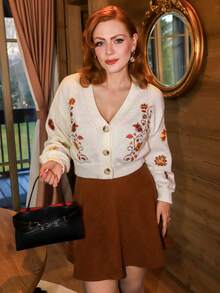 Gretanique Cárdigan bohemio con bordado estilo "Cottagecore" para mujer, blusa de manga larga - Albaricoque - Ver 5
