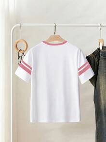 Resyla Áo thun mùa hè phối màu kẻ sọc thêu hình trái tim - trắng - Xem 2
