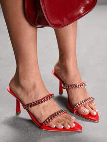 CUCCOO SZL Women's Red High Heel Sandals With Metal Chain Decor Prom Heels Summer Shoes - Red - View 4