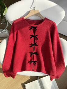 SHEIN EZwear Plus Size Women Butterfly Decor Hollow Design Long Sleeve Fashionable Pullover Sweater In Fall/Winter - Red - View 6