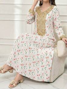 少女款传统阿拉伯花卉复古印花长袍，宽松休闲长袖卡夫坦长裙，饰有精致刺绣滚边，粉色 - 彩色 - 查看 4