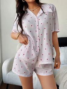 SHEIN Napfluff 条纹爱心领开襟荷叶边女士短袖睡衣套装 - 淺粉色 - 查看 7