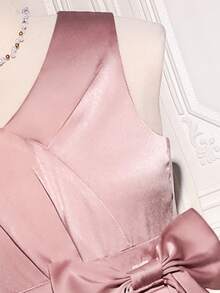 1pc Tween Girl Elegant Satin Sleeveless Waist Cinched Ruched Detachable Bow Decor Maxi Dress, Suitable For Daily, Party, Wedding, Spring/Summer - Pink - View 5