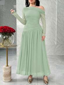 Feyla Vestido elegante de manga larga con hombro asimétrico y fruncido en unicolor para mujer - Verde Gris - Ver 3